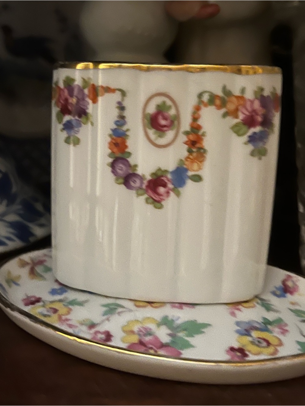 Floral Gold-Trim Porcelain Cup and Saucer - White
